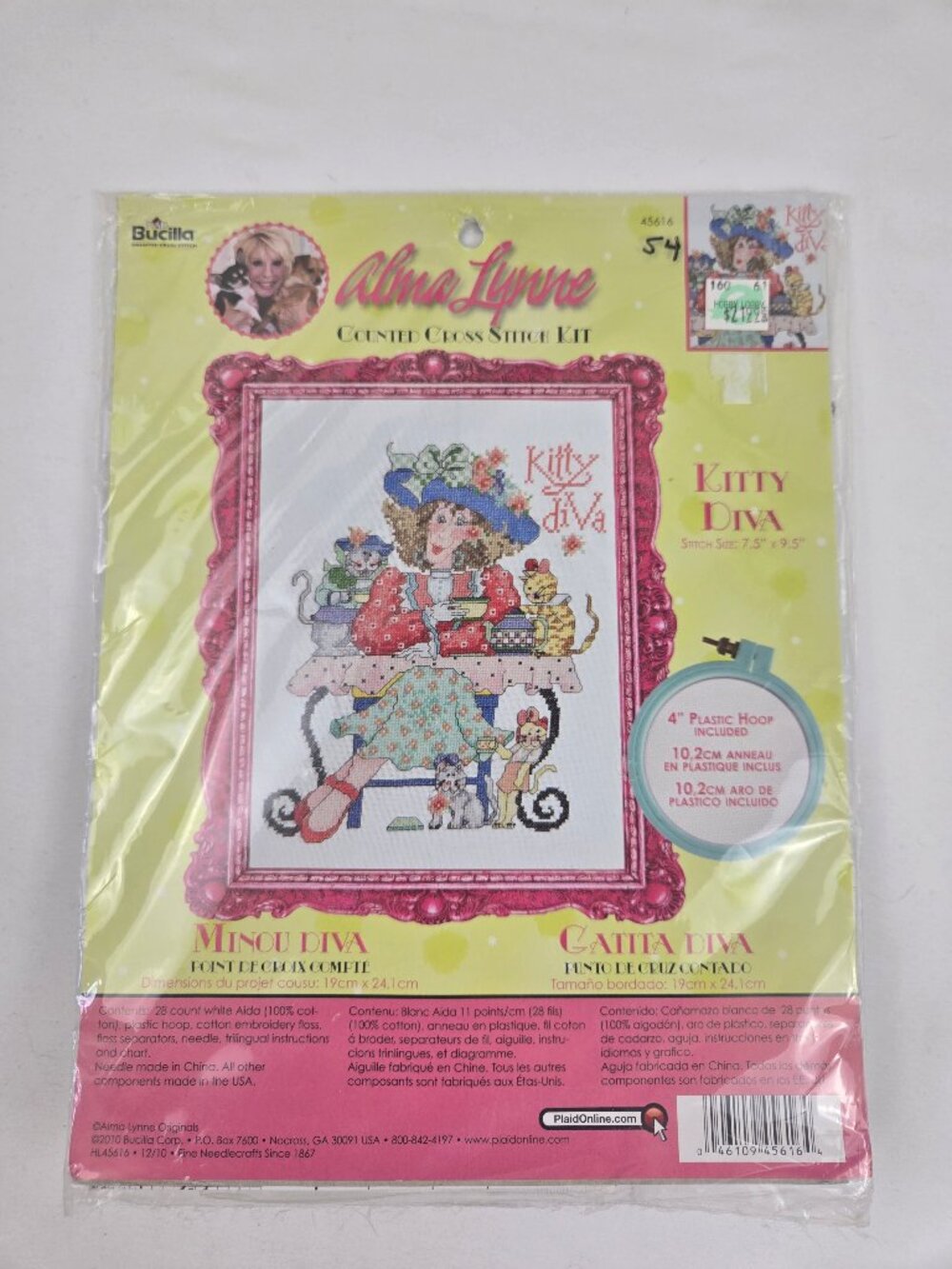 Bucilla Alma Lynne #45616 “Kitty Diva” Counted Cross Stitch Kit w/Hoop NWT Gifts
